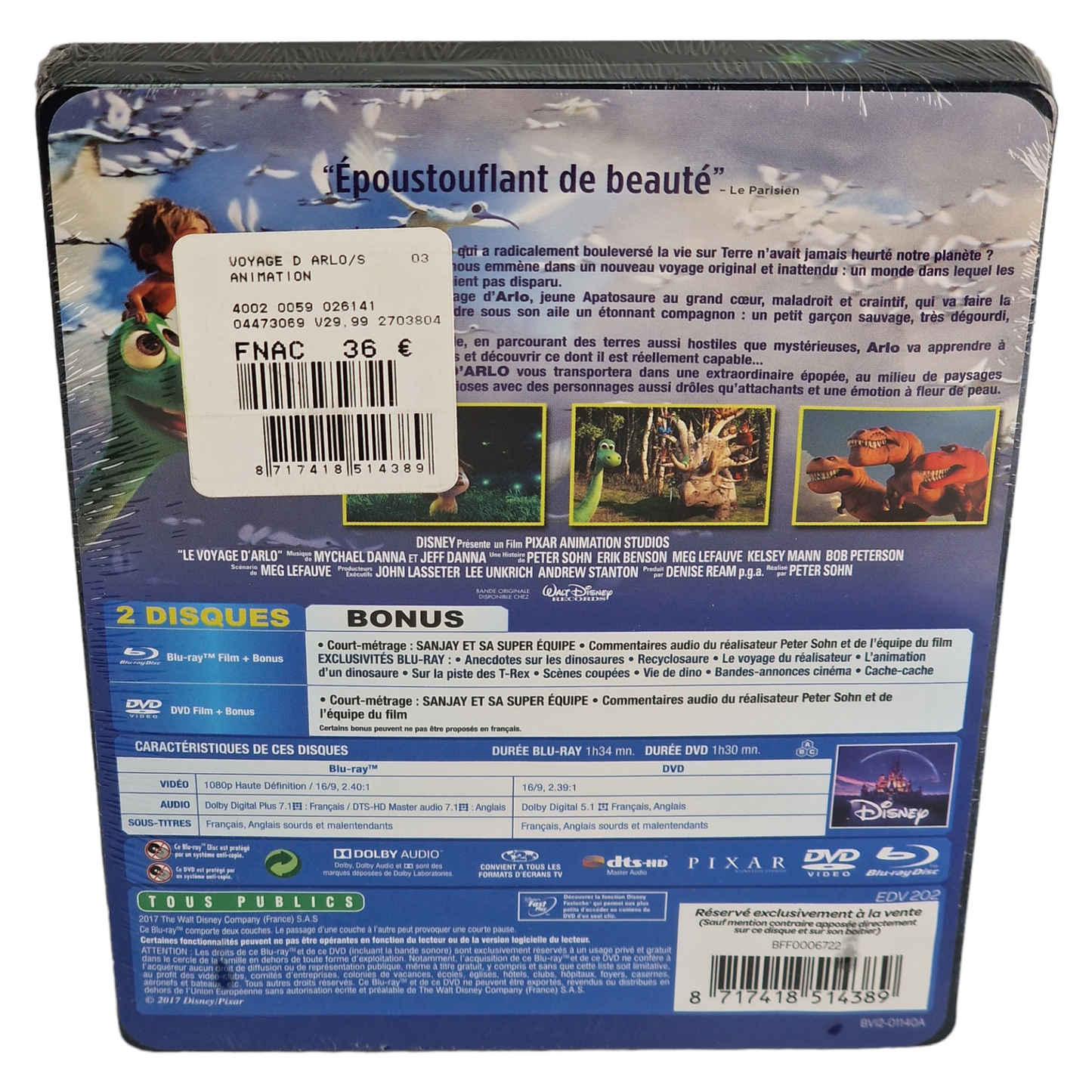 Le Voyage d'Arlo Steelbook Blu Ray +DVD The Good Dinosaur Disney Fnac 2017 B