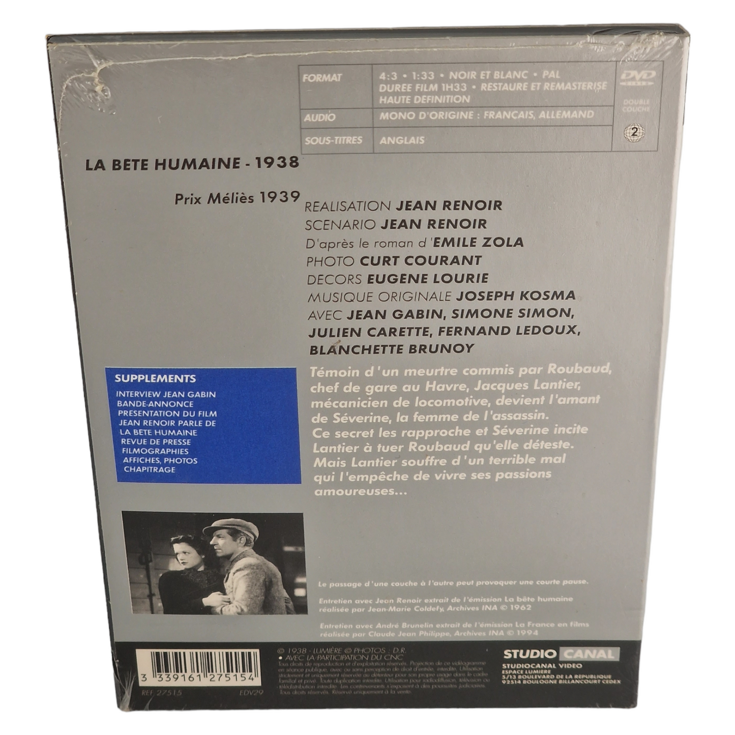 La Bête Humaine DVD Pochette en carton Jean Gabin 2001  Région 2